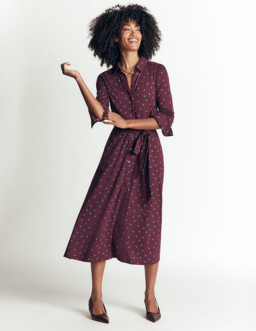 Robe-chemise en jersey – Cerise foncé, Imprimé pois