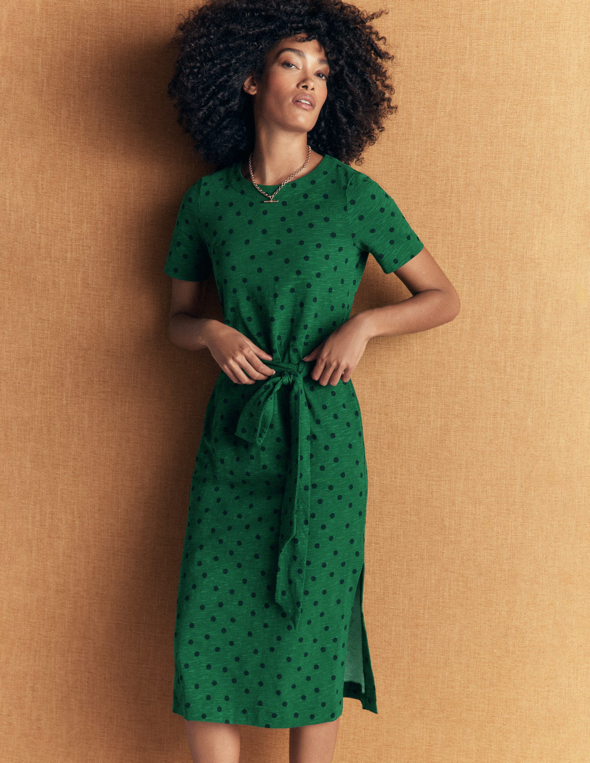 Robe midi T-shirt en jersey - Vert chasseur, Imprimé pois