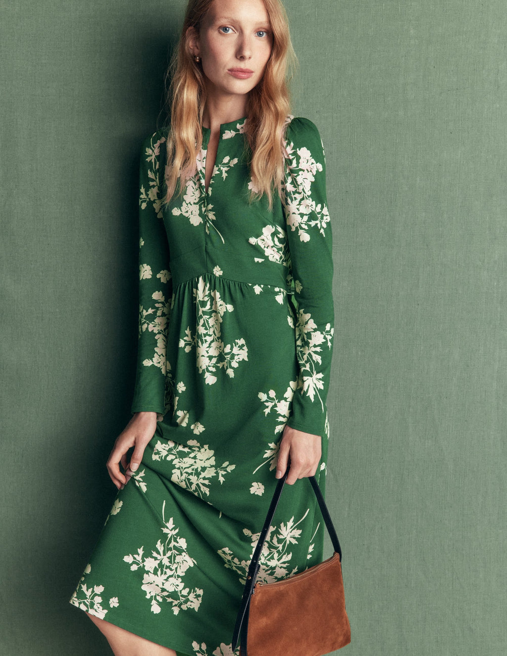 Robe en jersey à fermeture éclair – Vert chasseur, Fleurons chinés