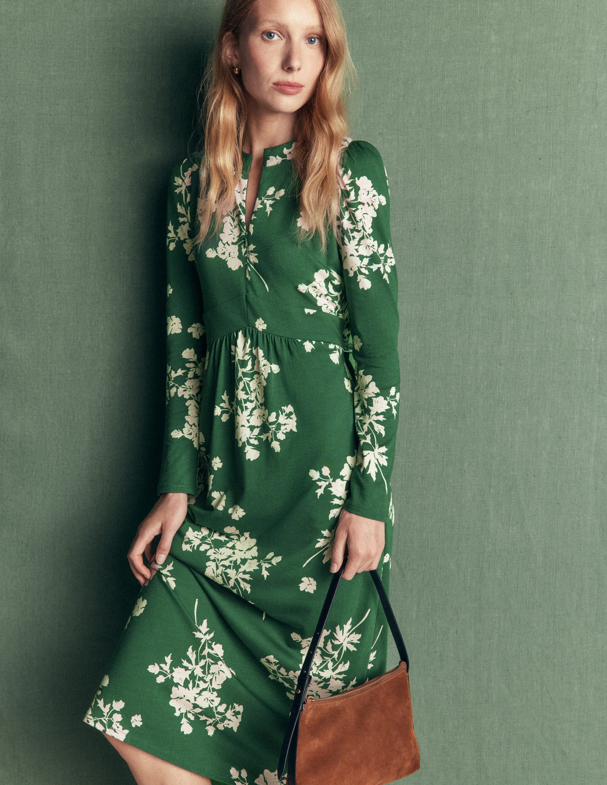 Robe en jersey à fermeture éclair – Vert chasseur, Fleurons chinés