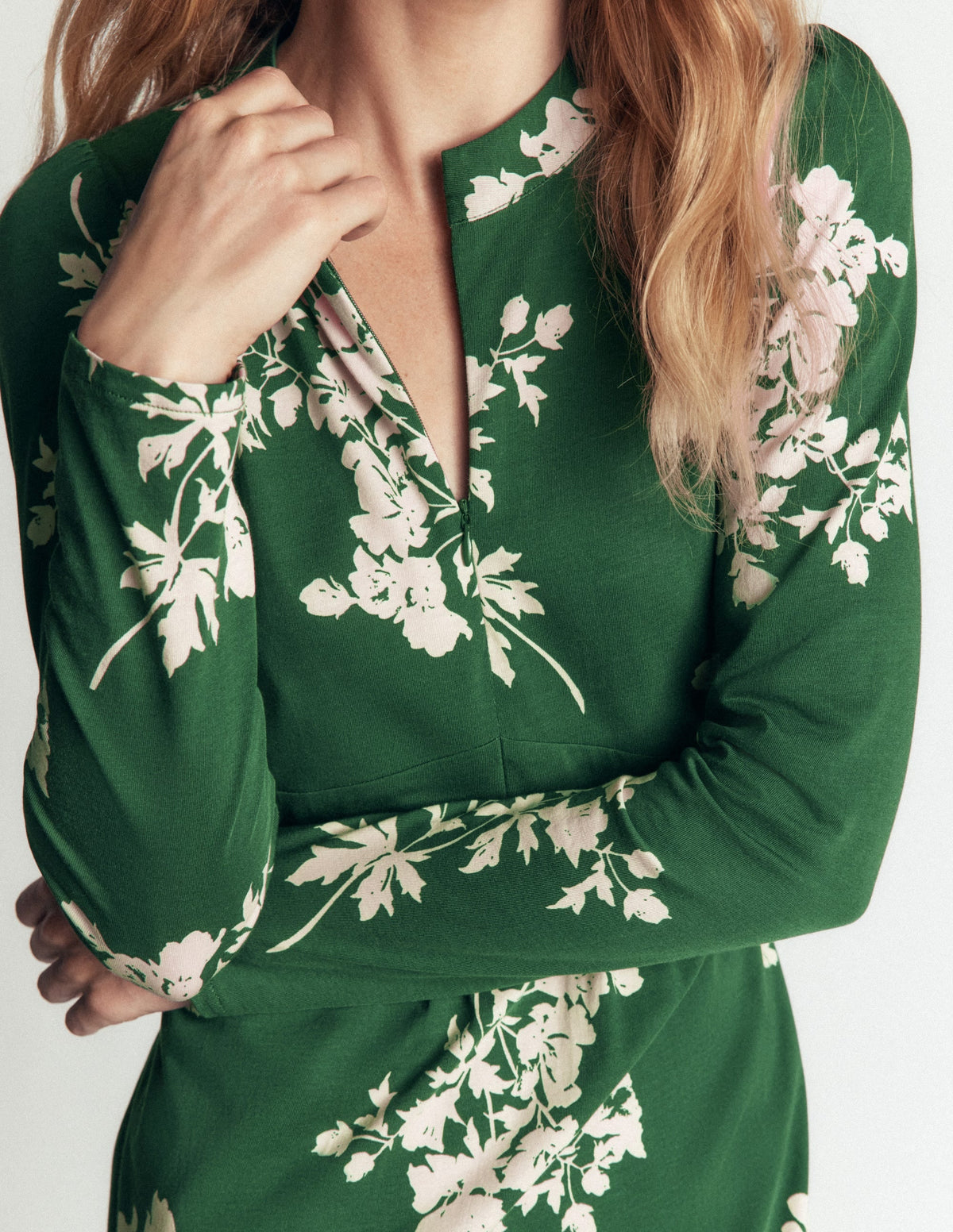 Robe en jersey à fermeture éclair – Vert chasseur, Fleurons chinés