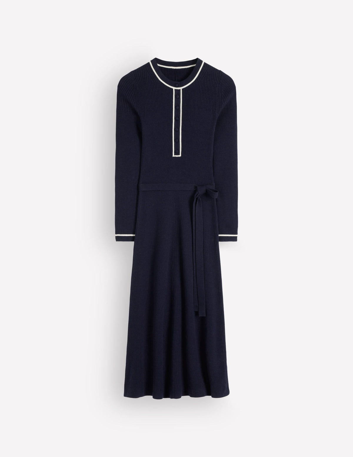 Robe à col rond côtelée - Bleu marine, Ivoire chaud