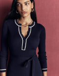 Robe à col rond côtelée - Bleu marine, Ivoire chaud