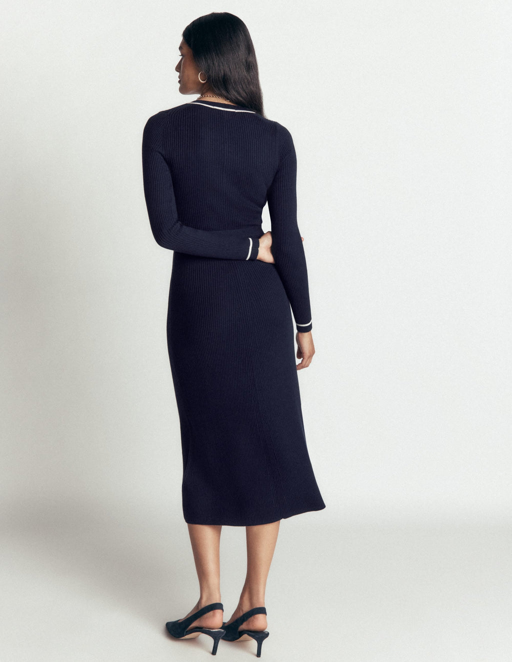 Robe à col rond côtelée - Bleu marine, Ivoire chaud