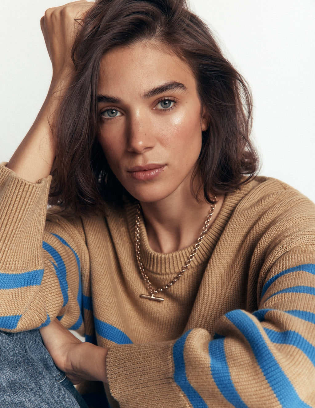 Pull en coton décontracté-Chameau, rayures bleues