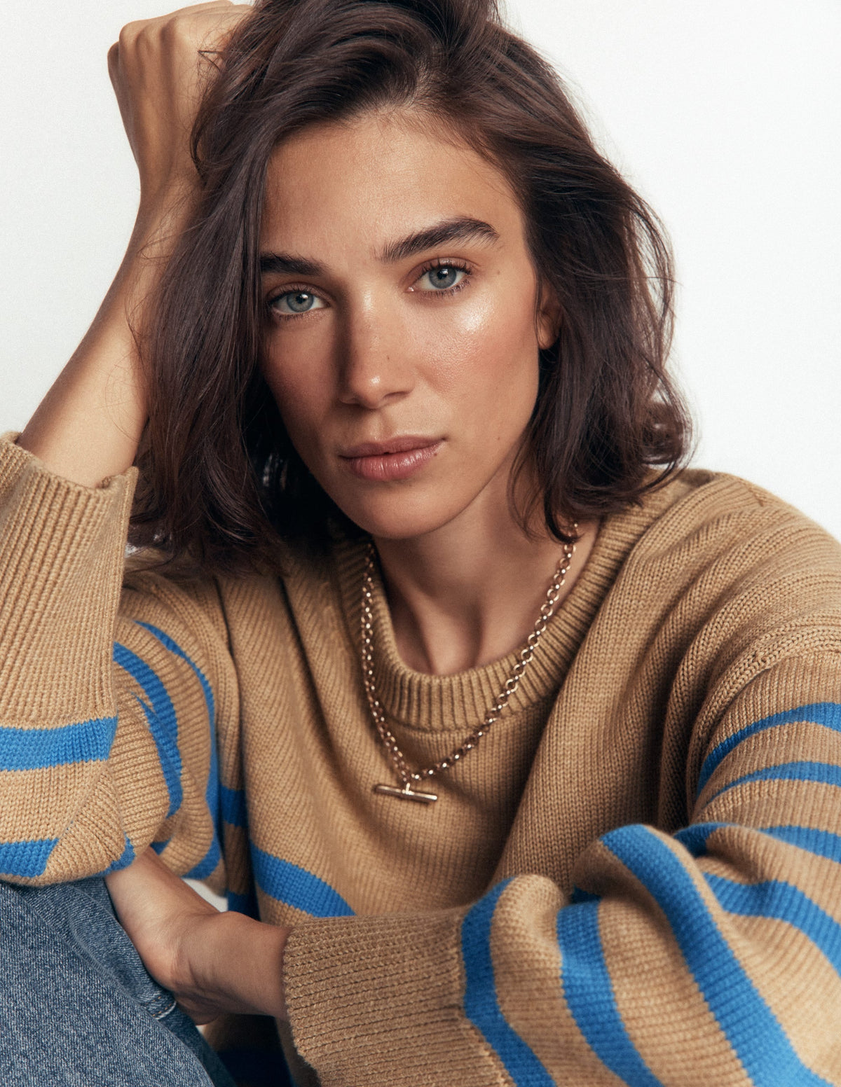 Pull en coton décontracté-Chameau, rayures bleues