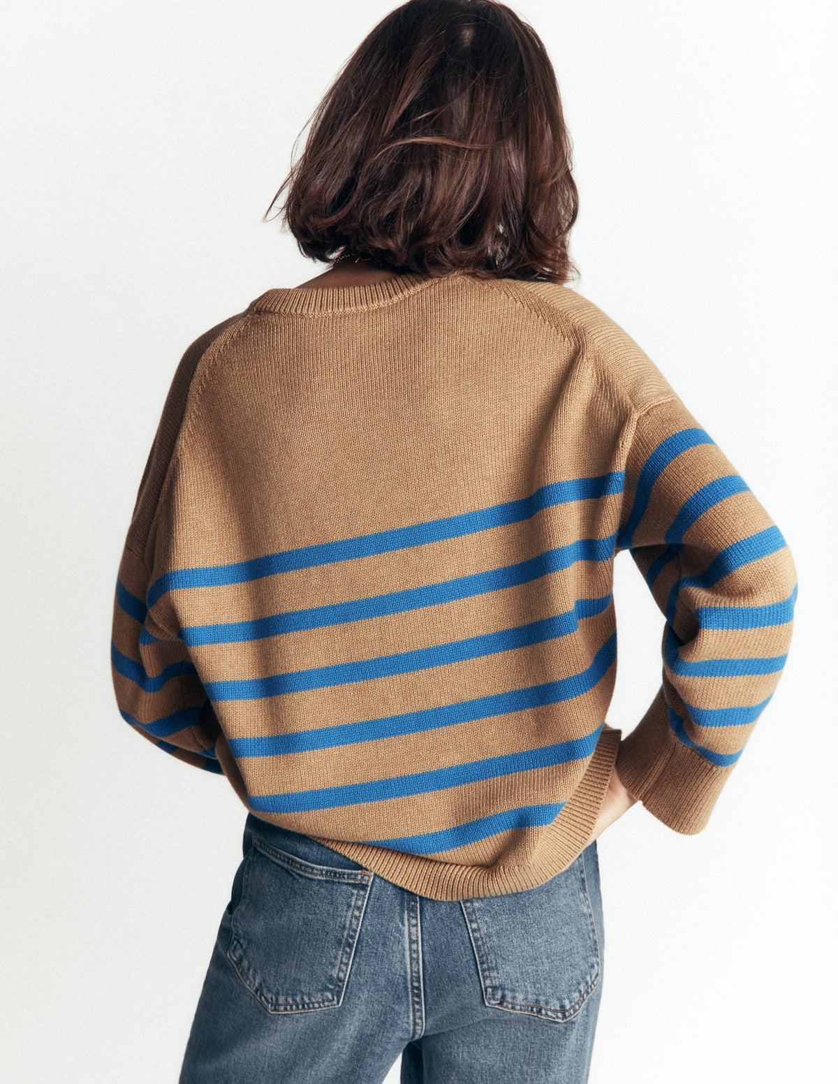 Pull en coton décontracté-Chameau, rayures bleues