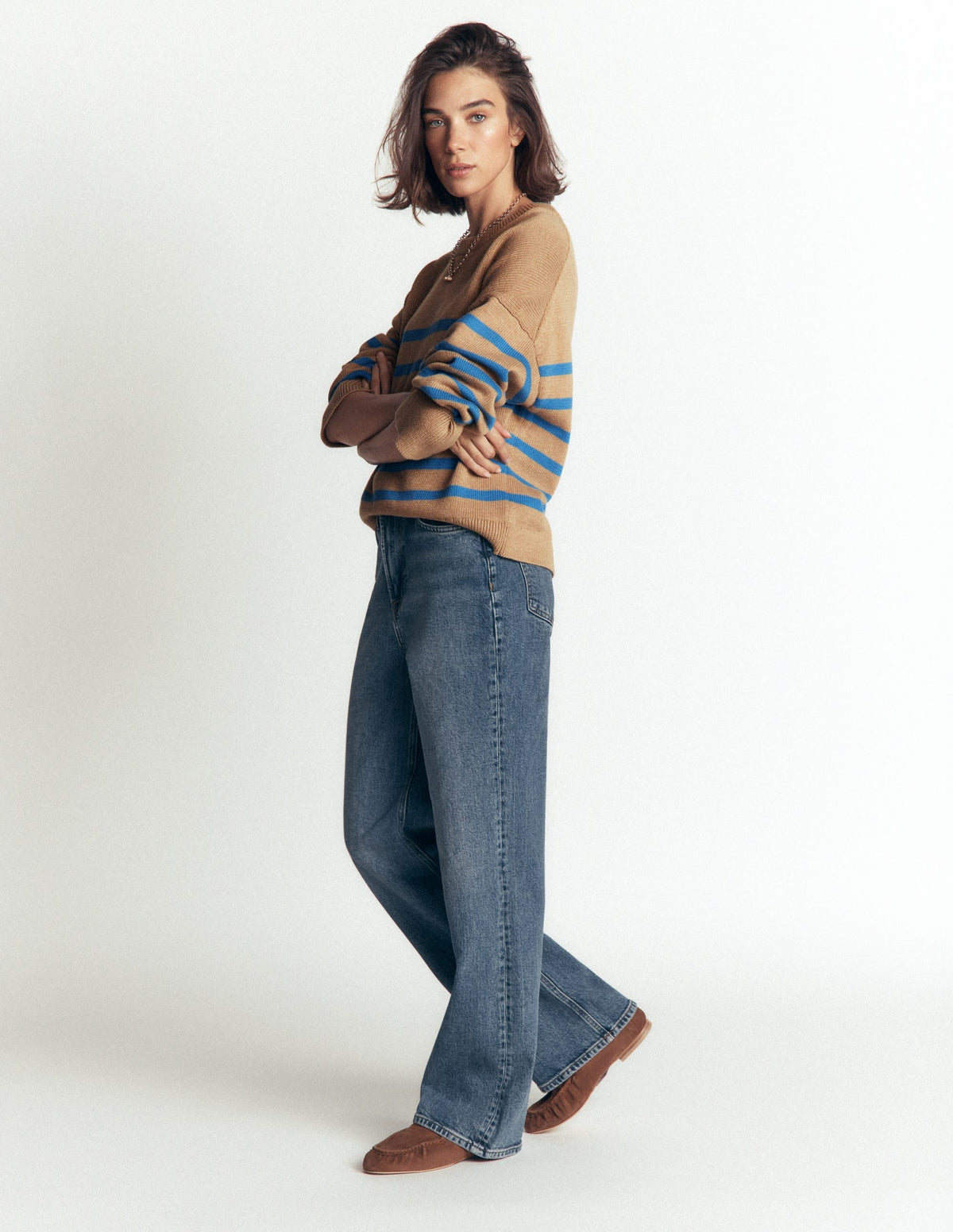 Pull en coton décontracté-Chameau, rayures bleues