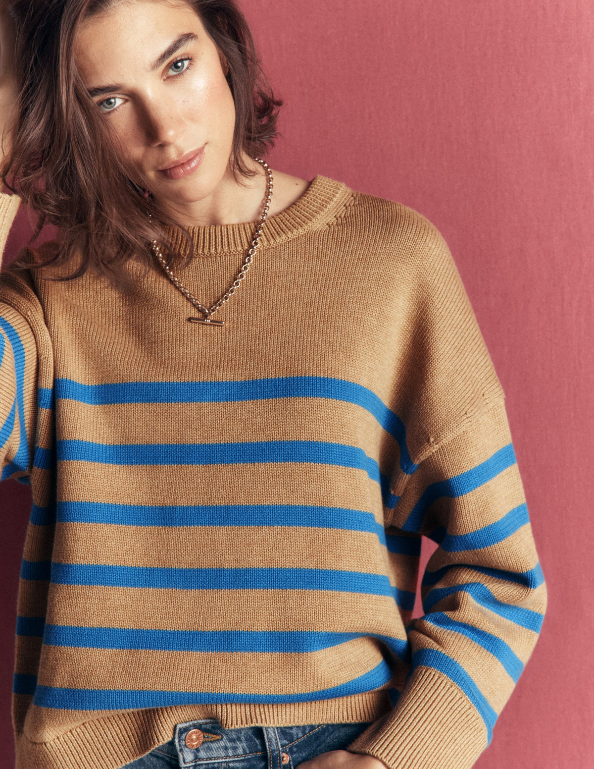 Pull en coton décontracté-Chameau, rayures bleues