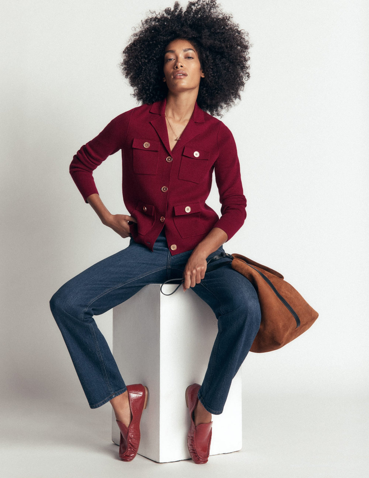 Veste en maille col chemise-Bordeaux