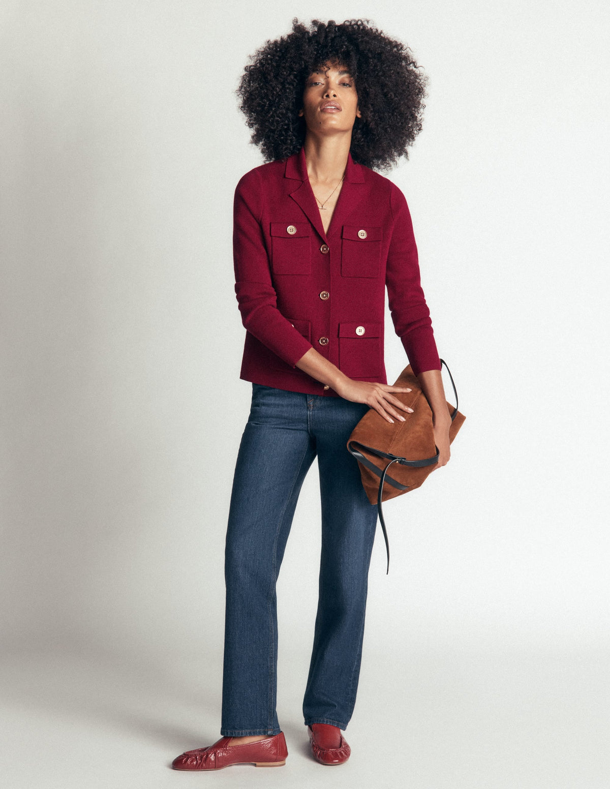 Veste en maille col chemise-Bordeaux