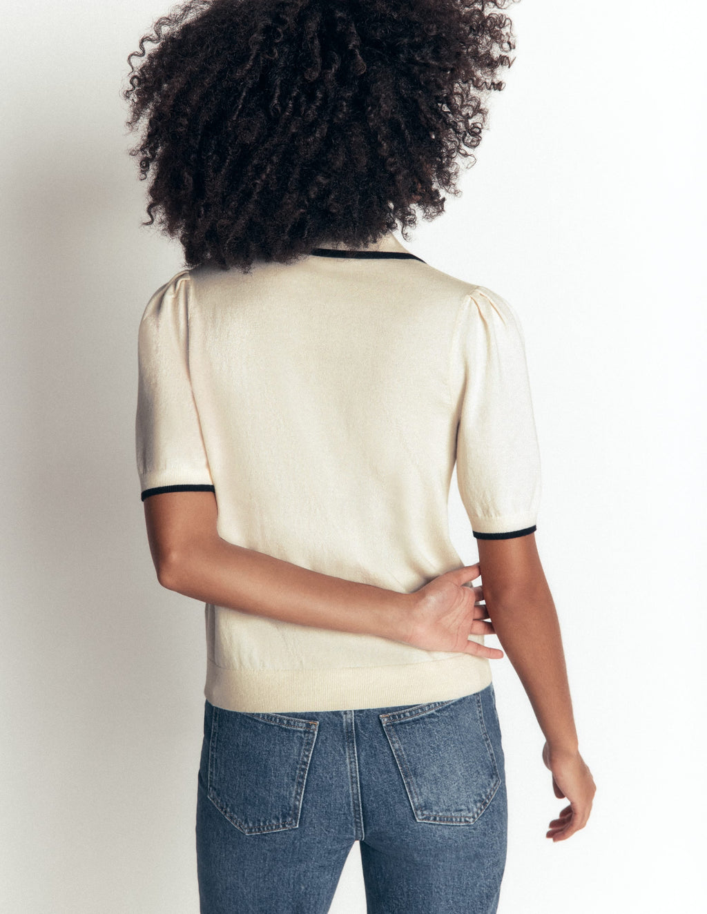 T-shirt en maille à col volanté - Ivoire chaud