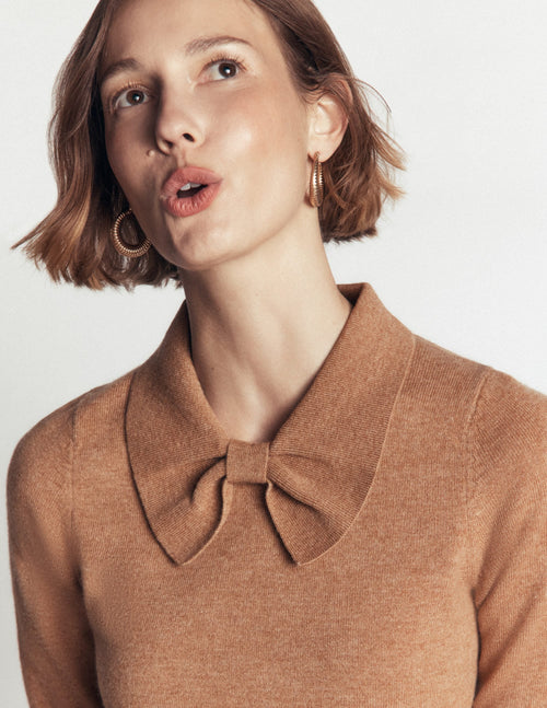 Pull en maille à col lavallière - Camel chiné