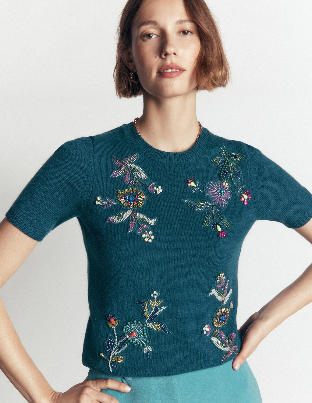 T-shirt en maille orné-Bleu aurore profond