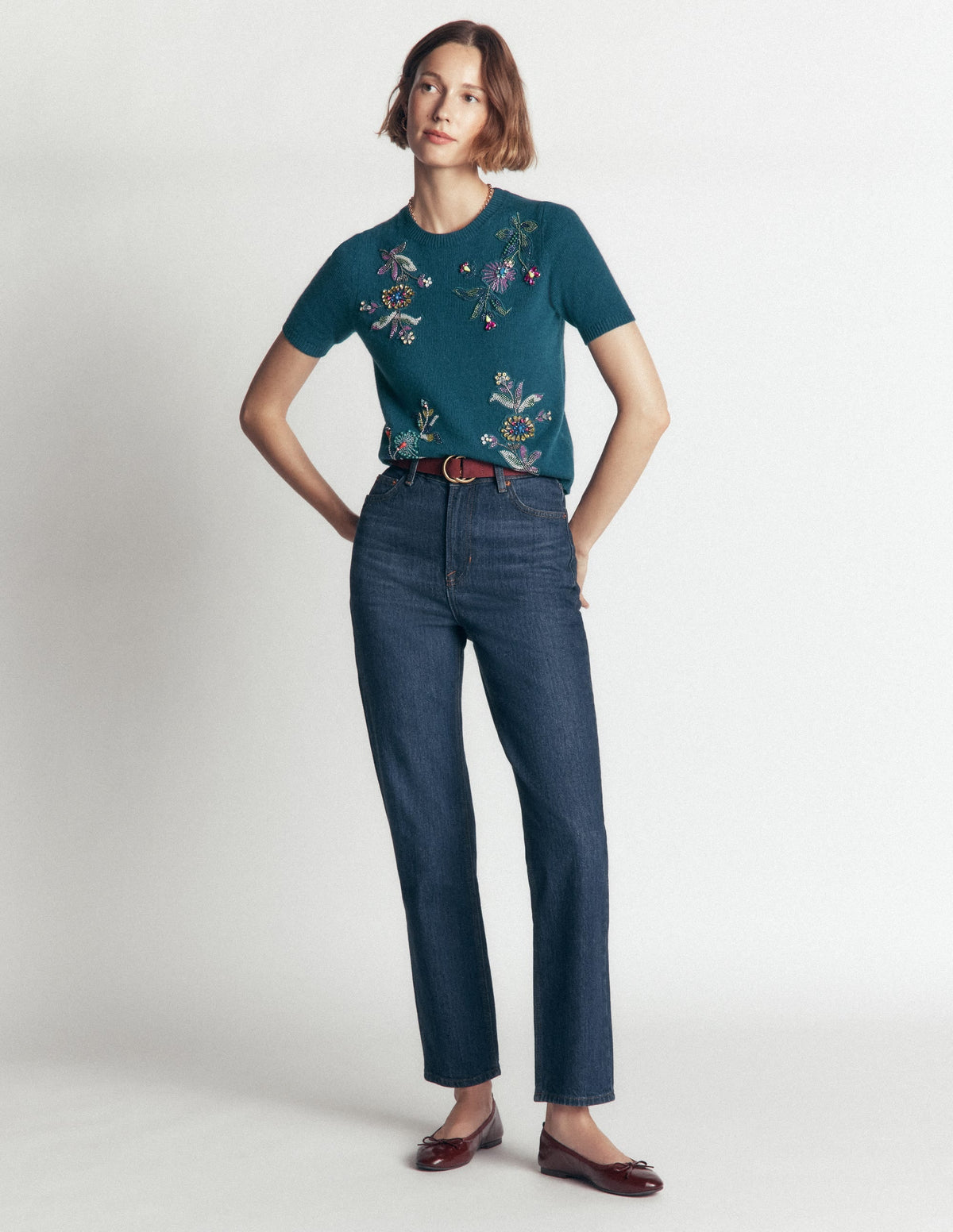 T-shirt en maille orné-Bleu aurore profond