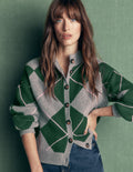 Cardigan en maille jacquard motif losanges vert chasse