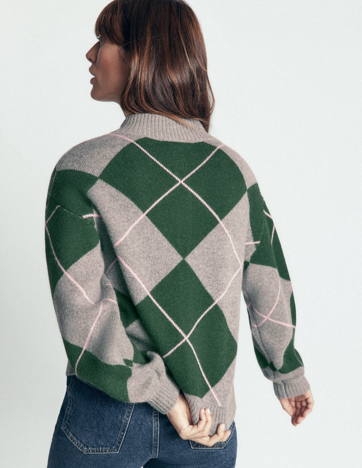 Cardigan en maille jacquard motif losanges vert chasse