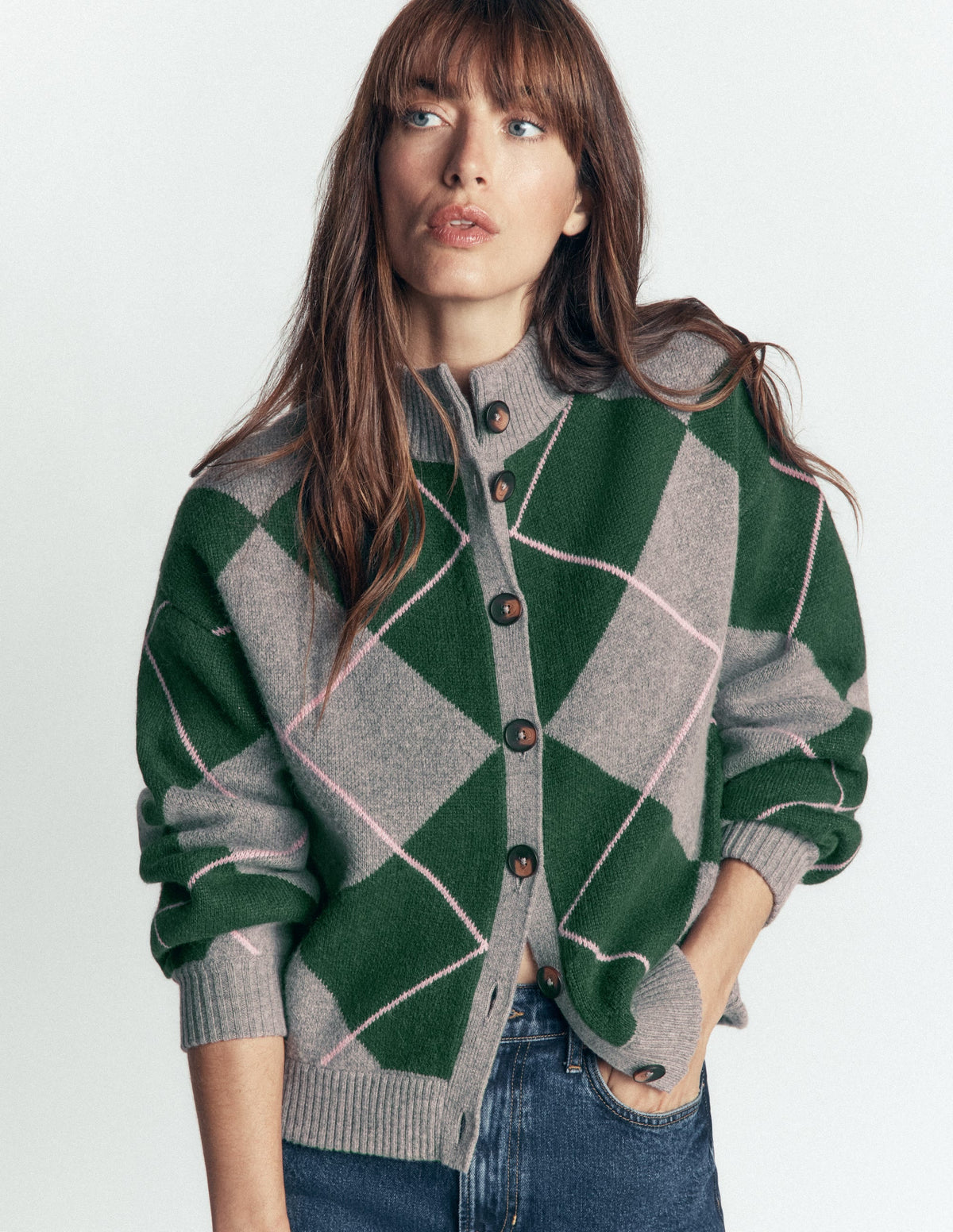 Cardigan en maille jacquard motif losanges vert chasse