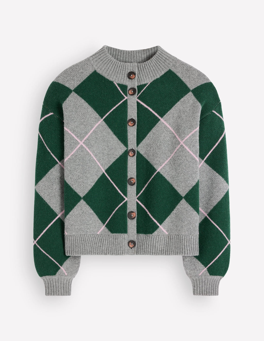 Cardigan en maille jacquard motif losanges vert chasse