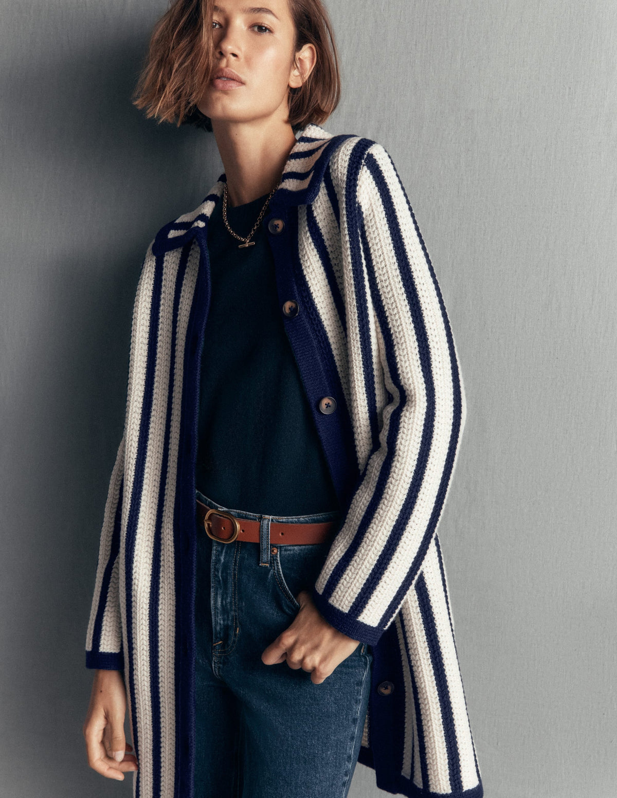 Cardigan long en maille - Ivoire, rayé marine