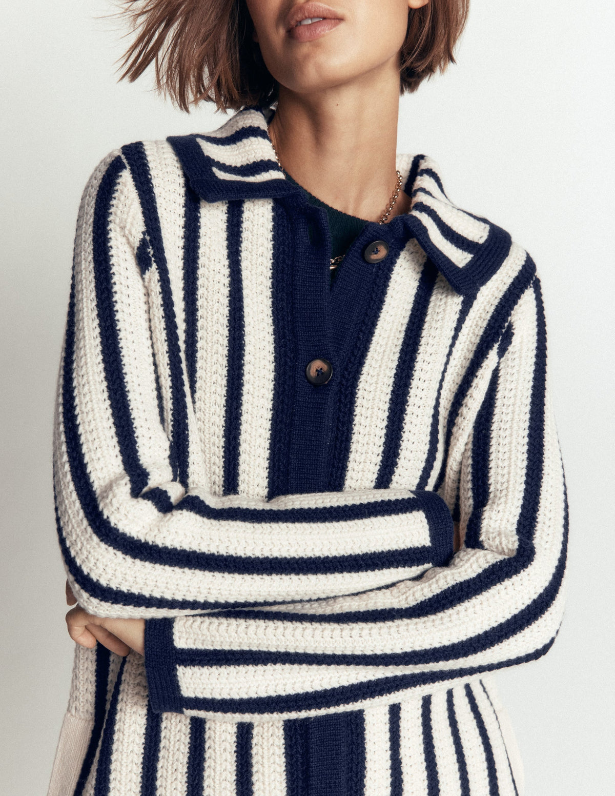 Cardigan long en maille - Ivoire, rayé marine