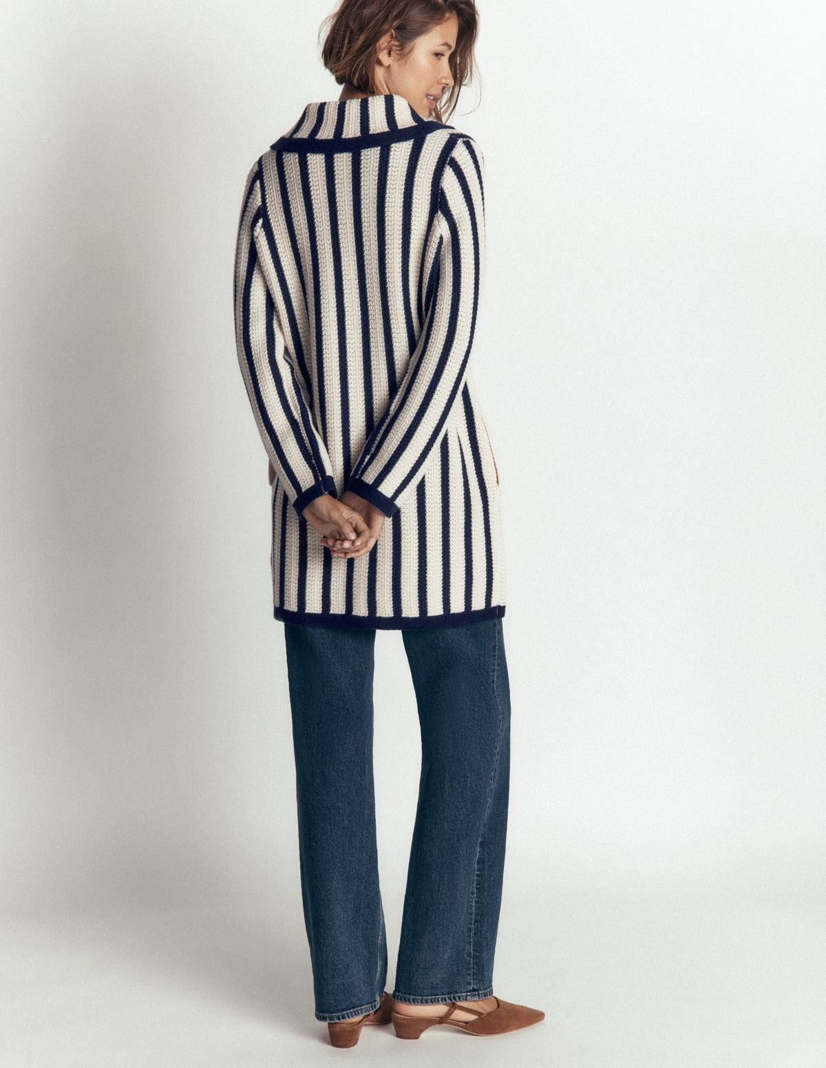 Cardigan long en maille - Ivoire, rayé marine