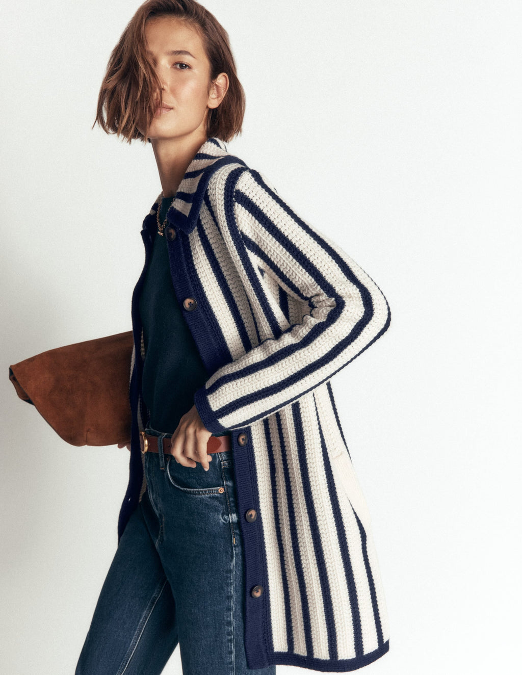 Cardigan long en maille - Ivoire, rayé marine