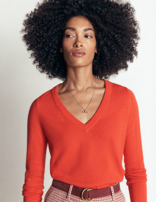 Pull col en V en cachemire - Orange lys