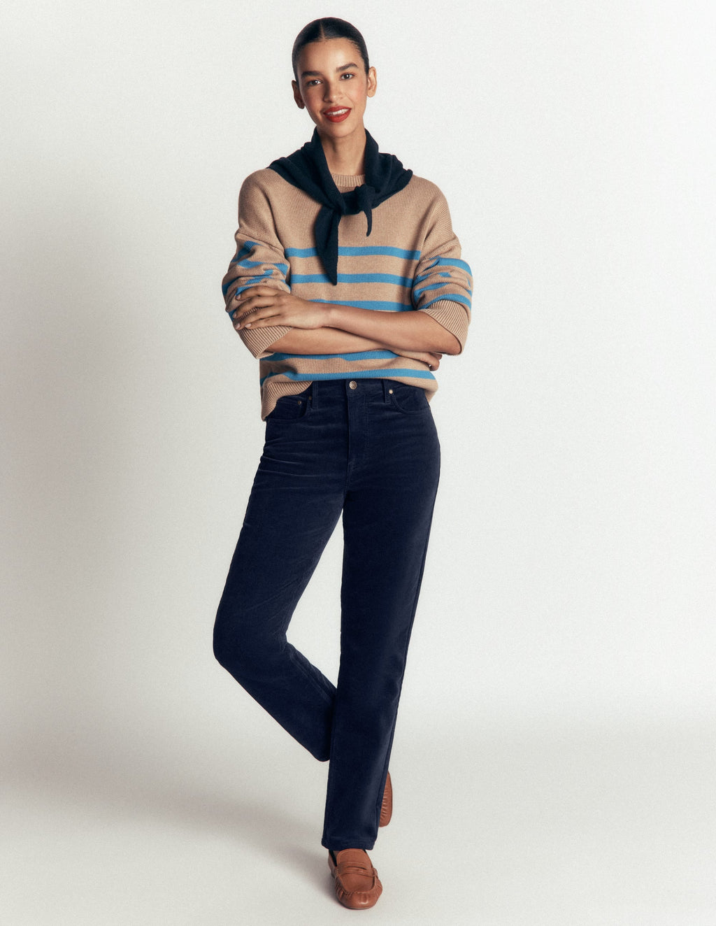 Jean Slim en Velours Côtelé Taille Haute-Bleu Marine