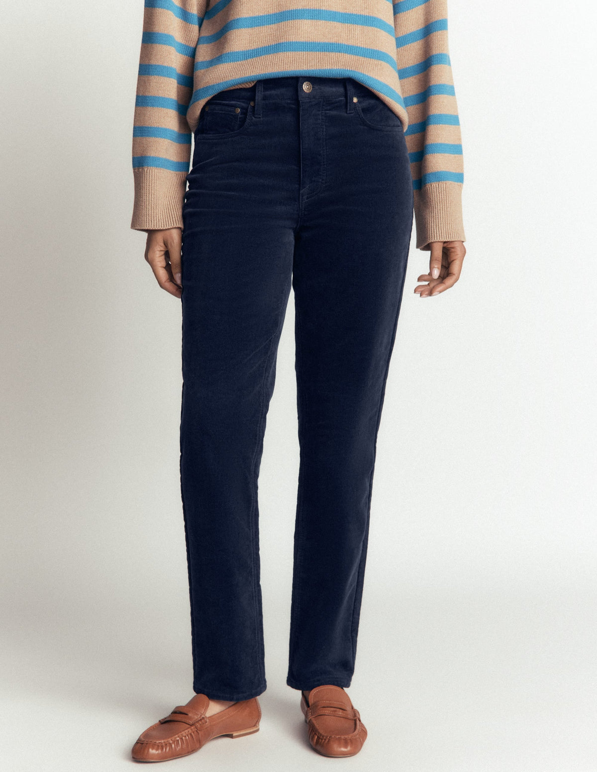 Jean Slim en Velours Côtelé Taille Haute-Bleu Marine