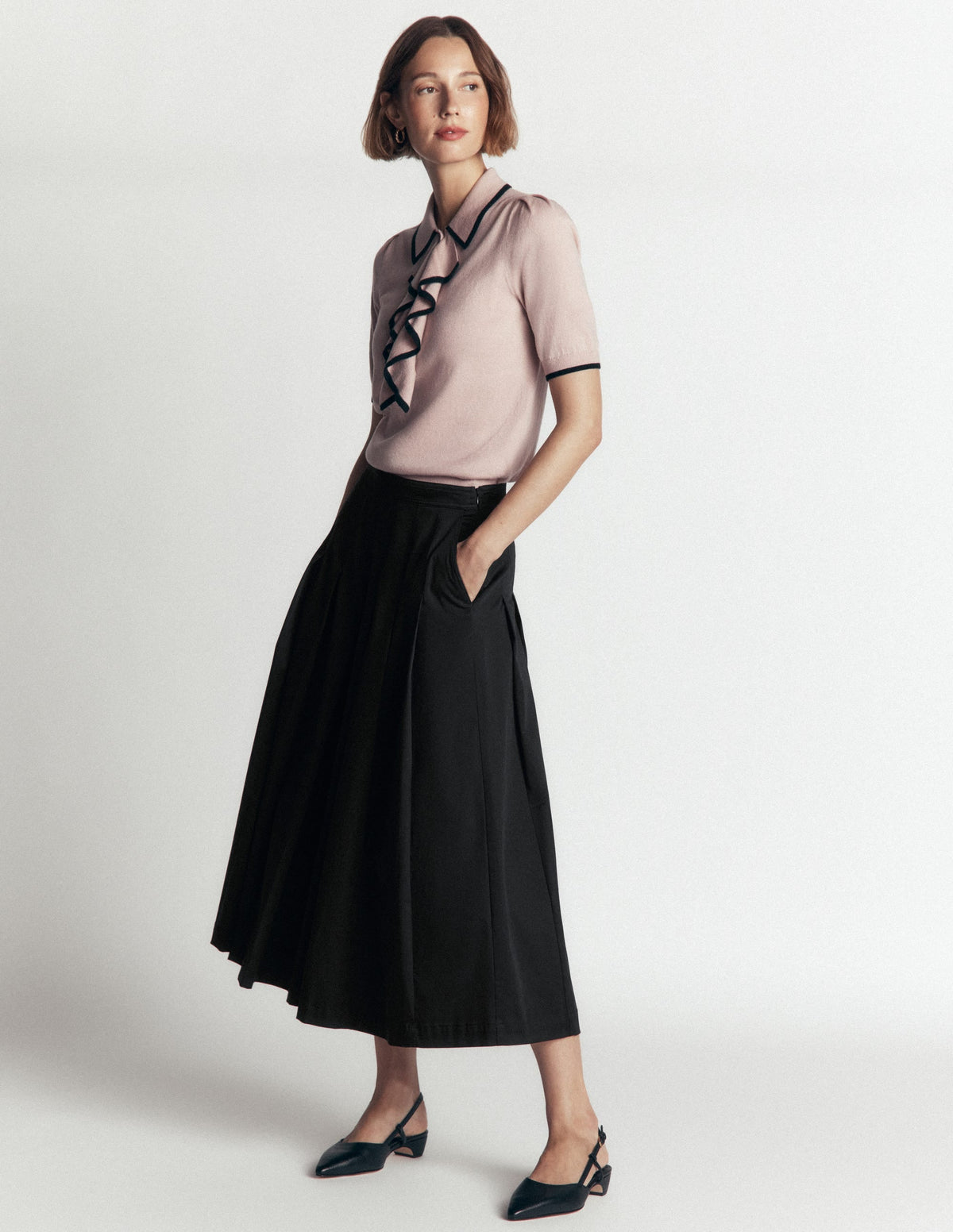 Jupe midi en satin de coton - Noir