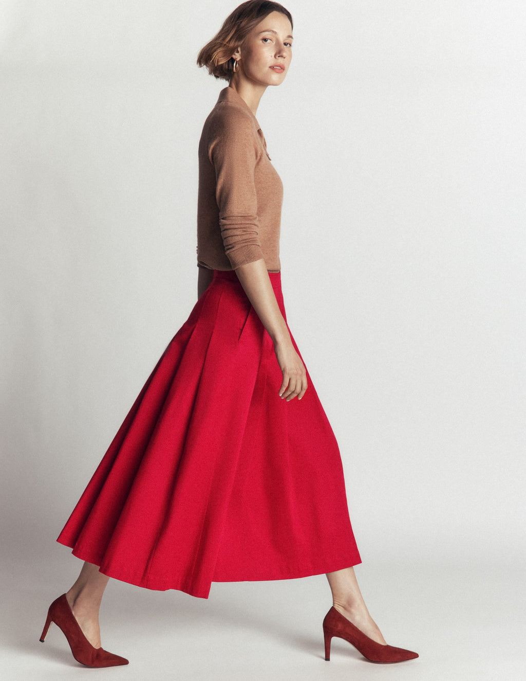 Jupe midi en satin de coton-Rouge cramoisi