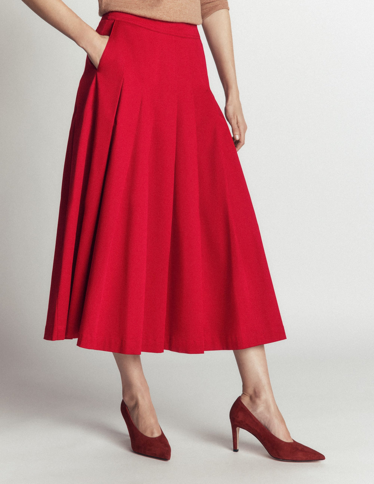 Jupe midi en satin de coton-Rouge cramoisi