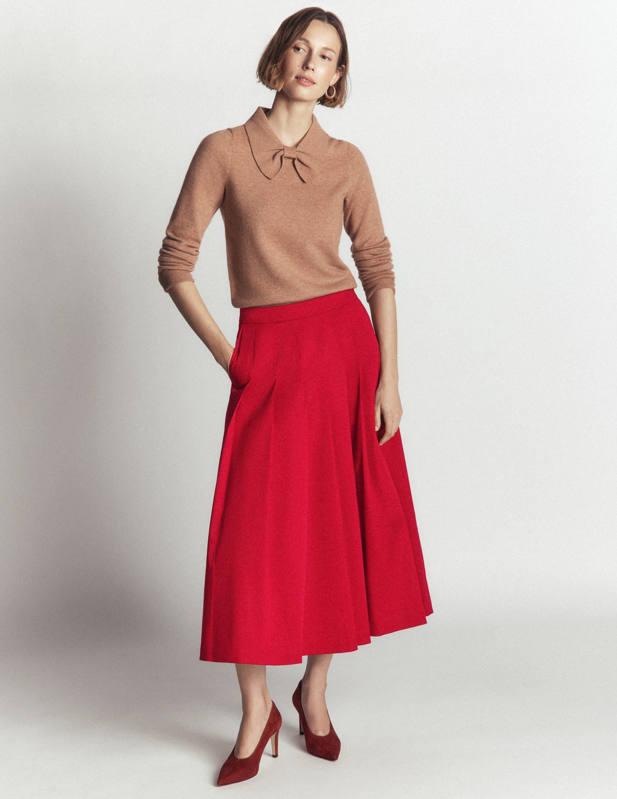 Jupe midi en satin de coton-Rouge cramoisi