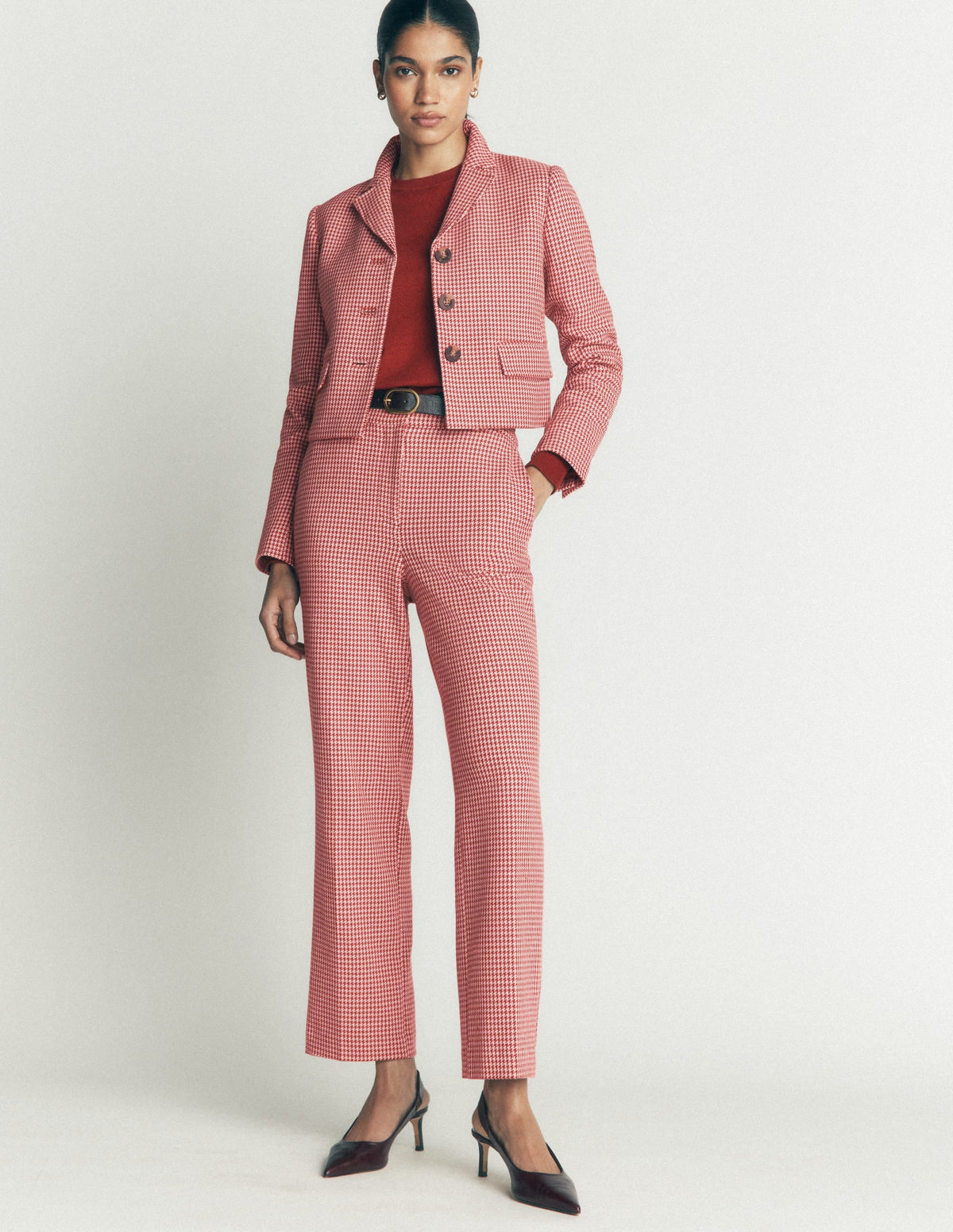 Pantalon 7/8 en coton-Rose, Prince de Galles marron