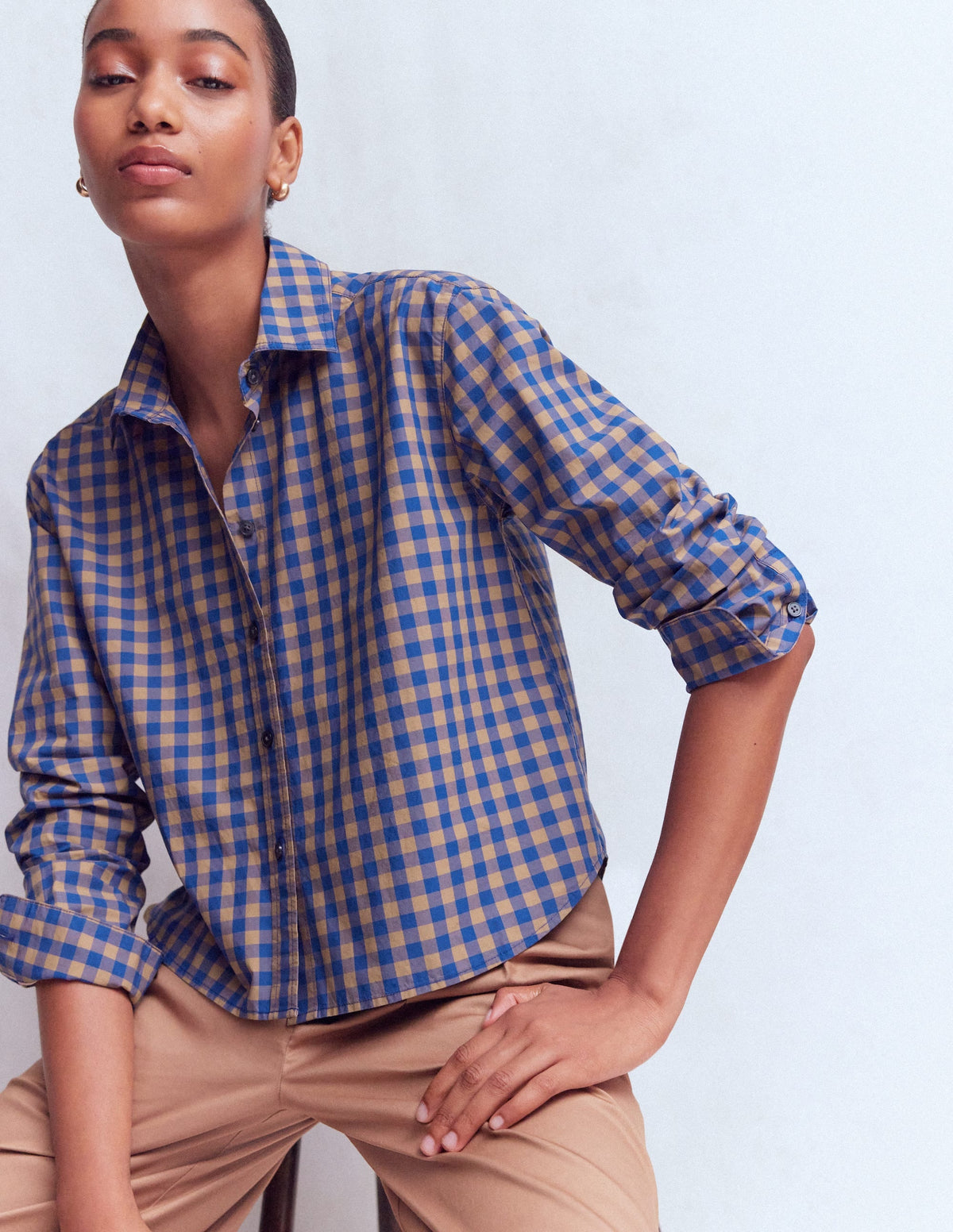 Chemisier court en coton - Camel, Vichy bleu