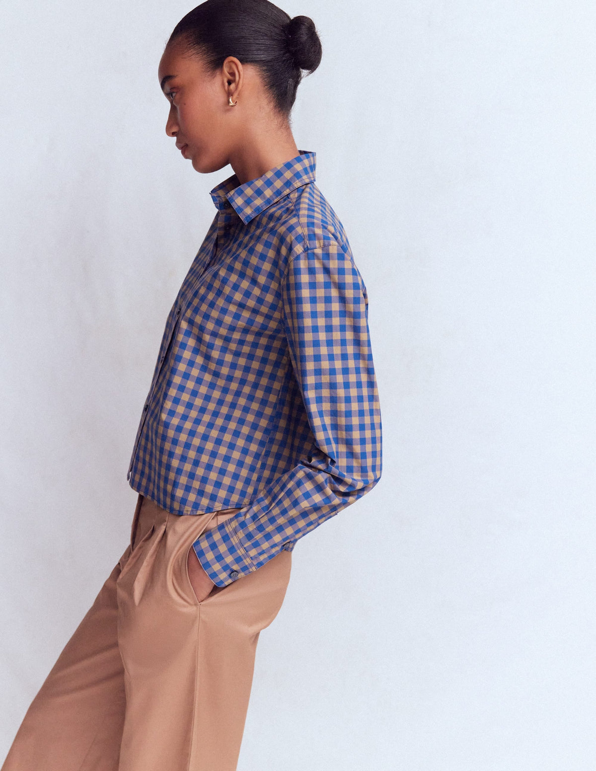 Chemisier court en coton - Camel, Vichy bleu