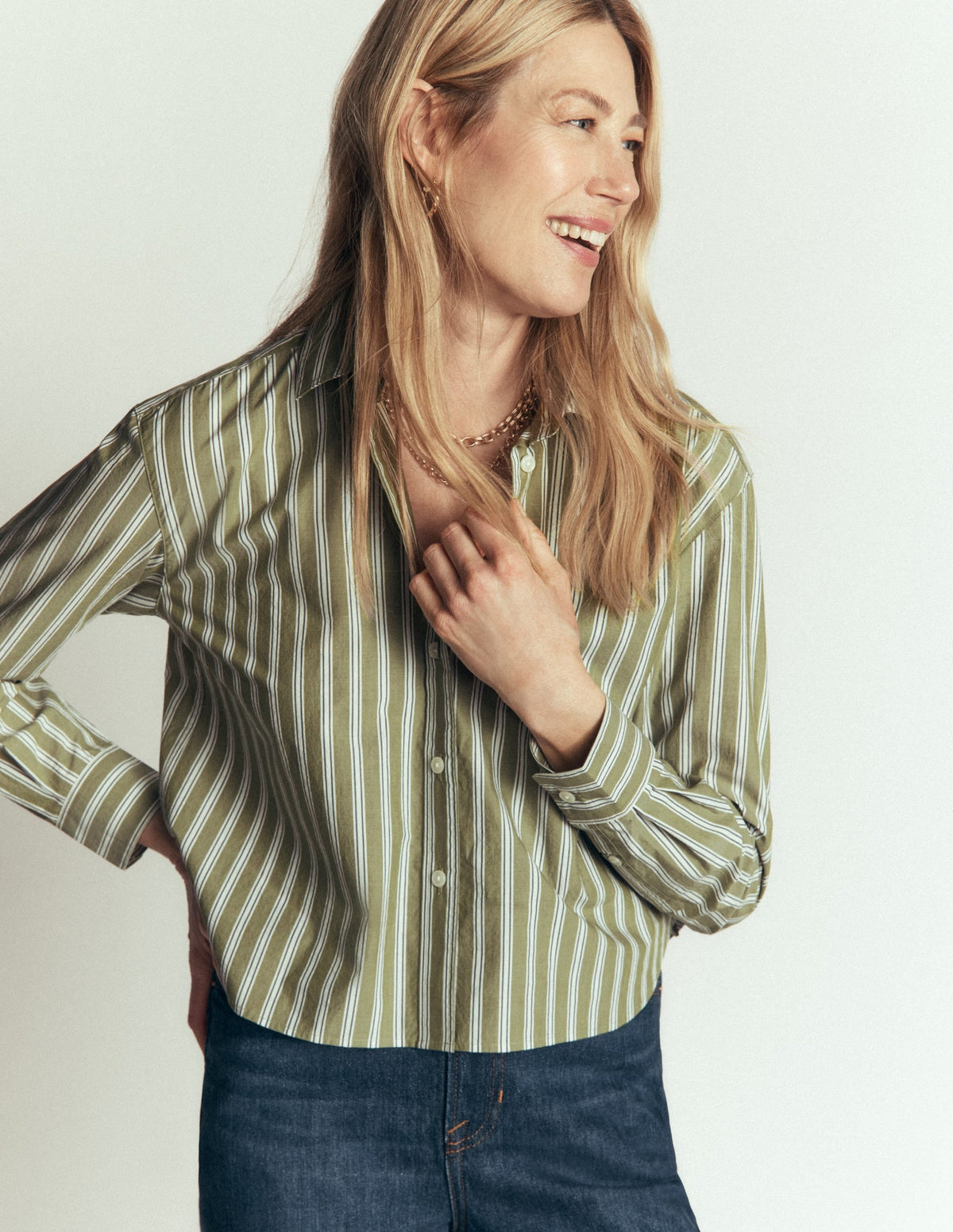 Chemise Courte en Coton - Olive, Rayures Marines