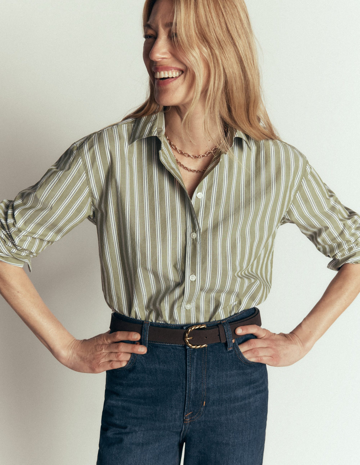 Chemise Courte en Coton - Olive, Rayures Marines