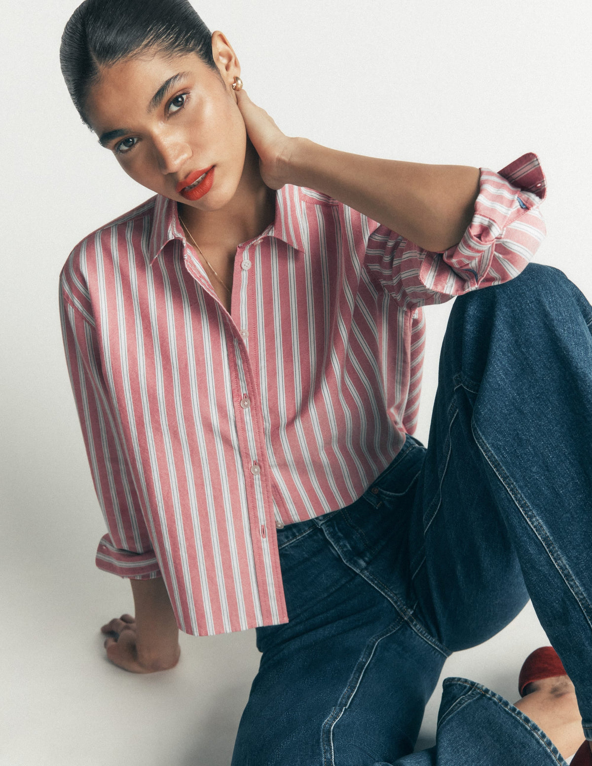 Chemise Courte en Coton - Rouge, Rayures Tramway Marine