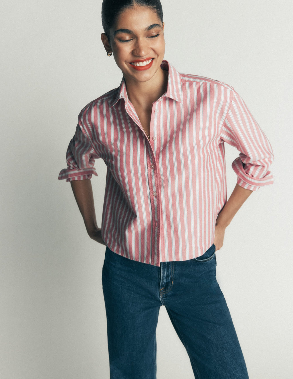 Chemise Courte en Coton - Rouge, Rayures Tramway Marine