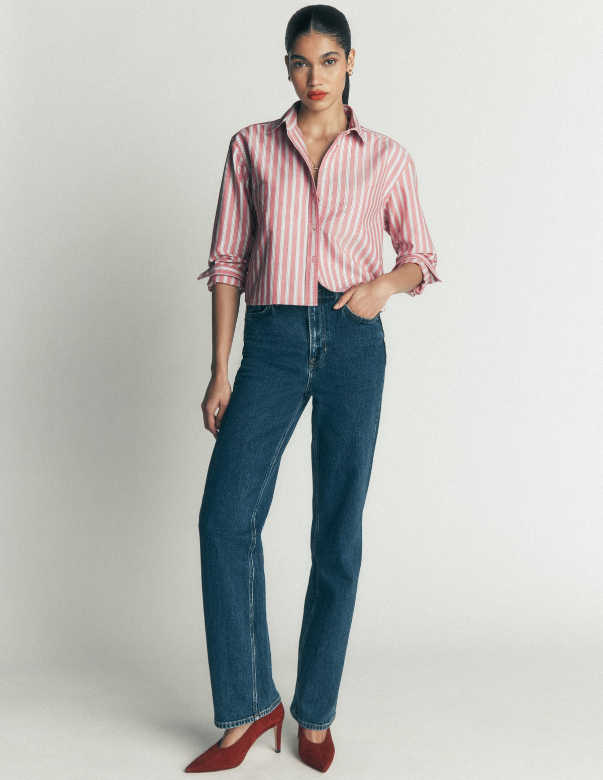 Chemise Courte en Coton - Rouge, Rayures Tramway Marine