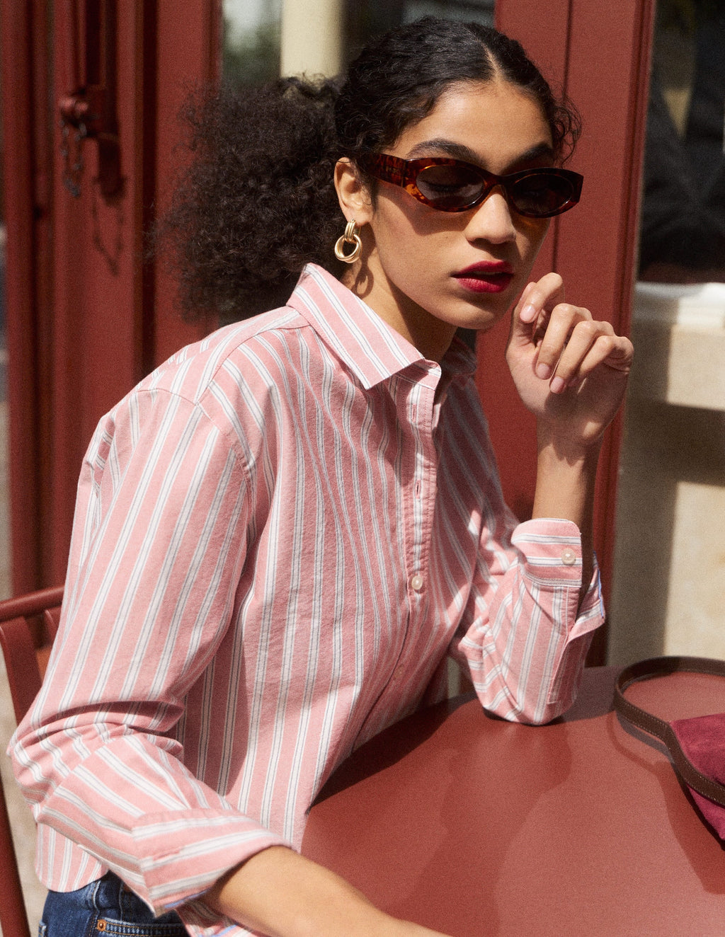 Chemise Courte en Coton - Rouge, Rayures Tramway Marine