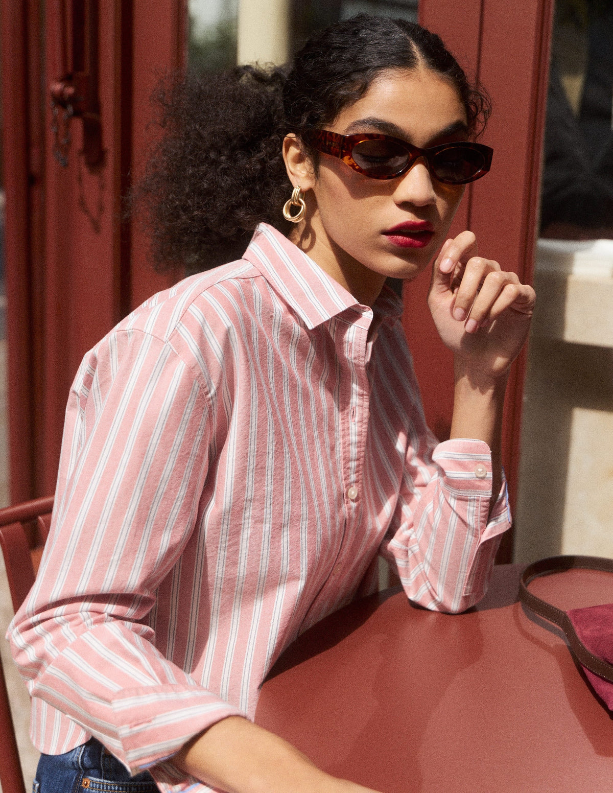 Chemise Courte en Coton - Rouge, Rayures Tramway Marine