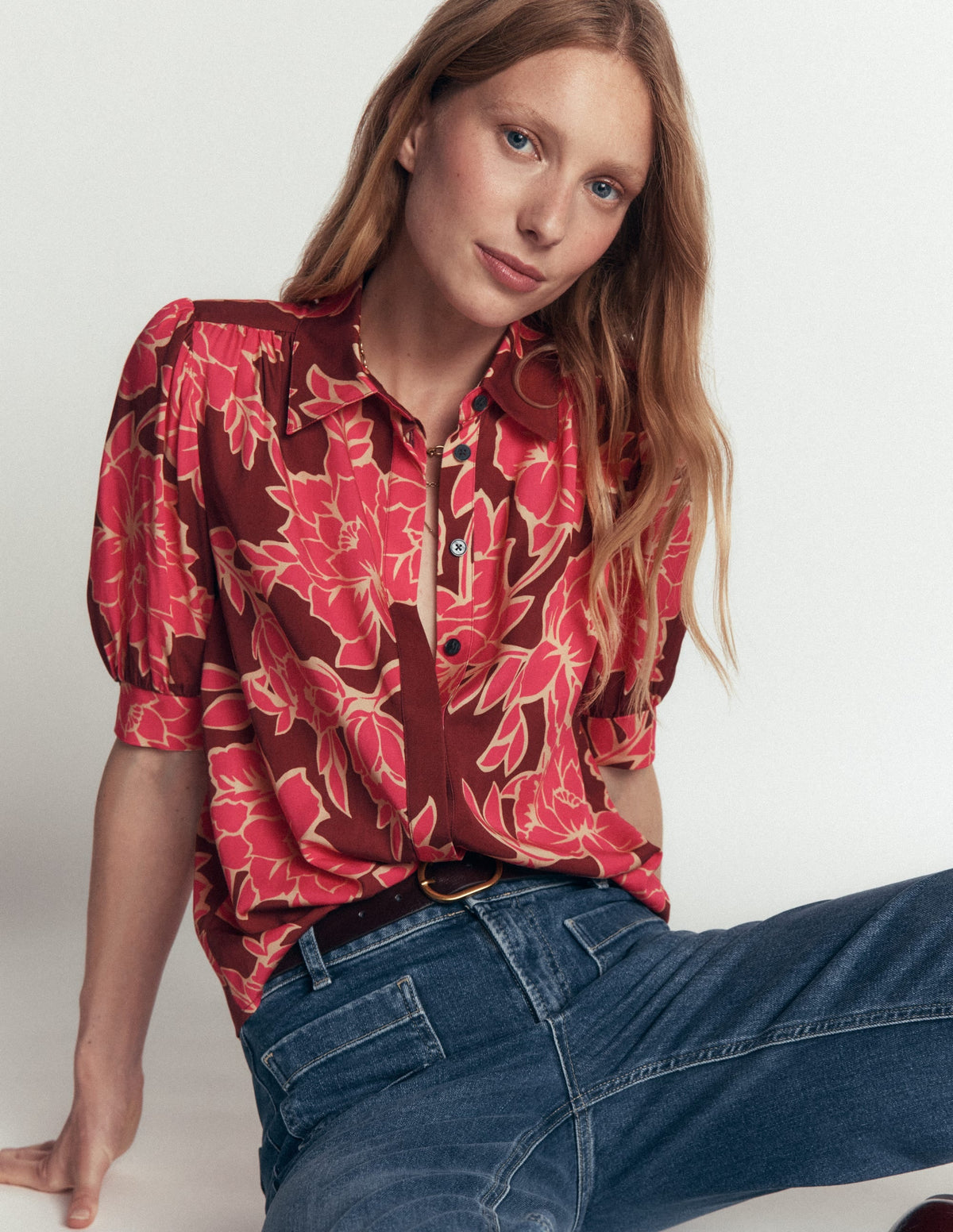 Haut en viscose rouge vif, Pivoine enchantée