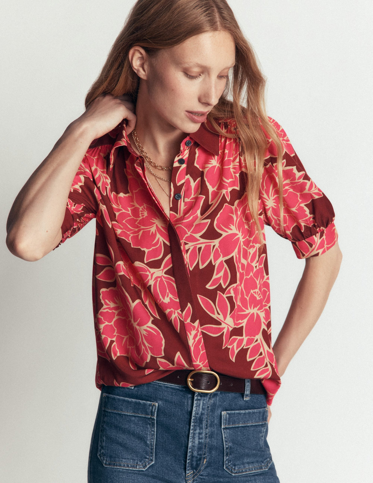 Haut en viscose rouge vif, Pivoine enchantée