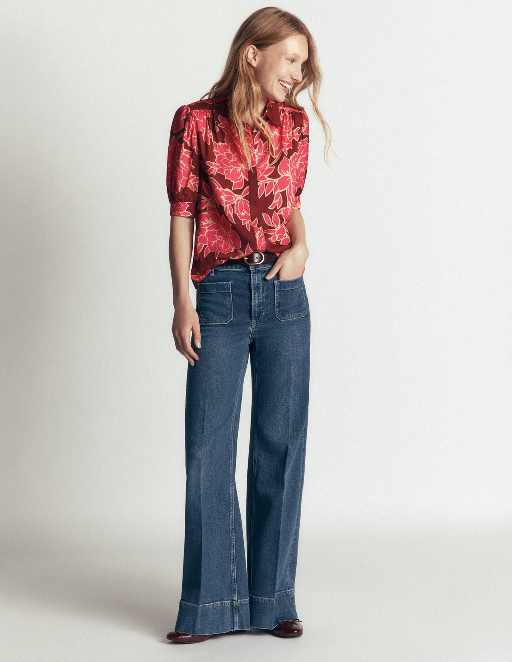 Haut en viscose rouge vif, Pivoine enchantée