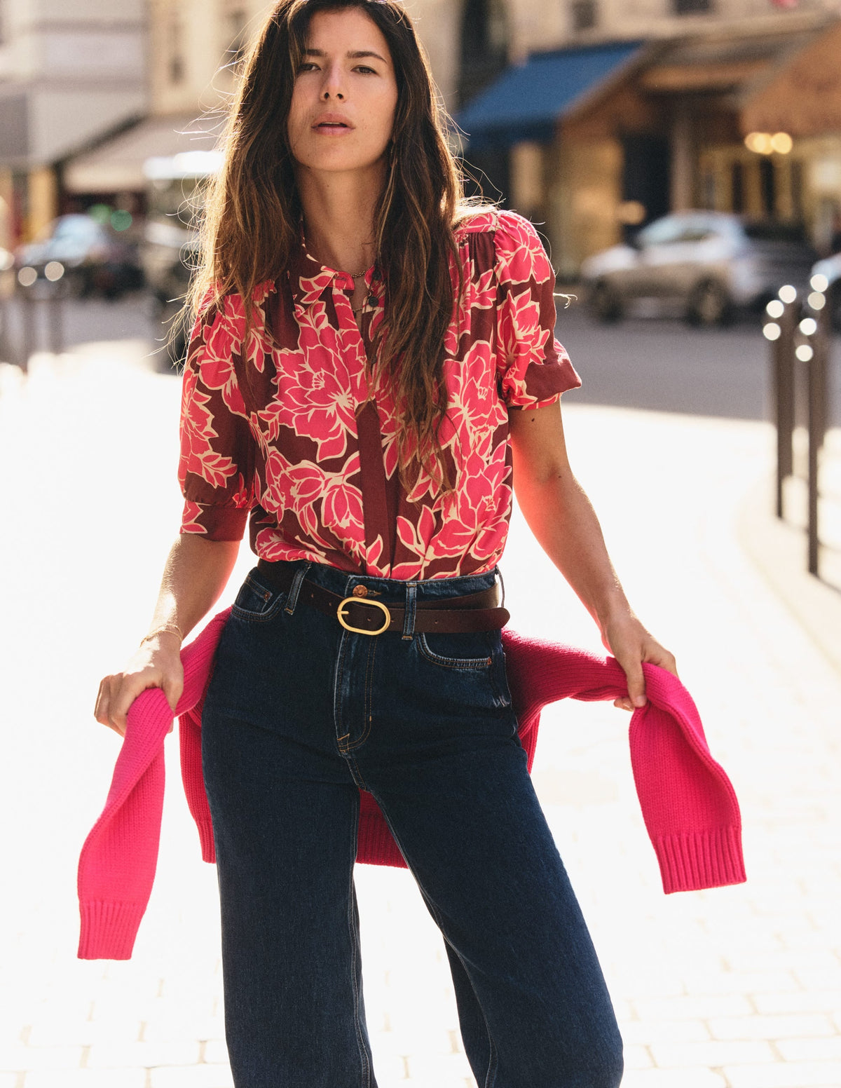 Haut en viscose rouge vif, Pivoine enchantée