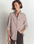 Chemise longue en coton - Ivoire, rayures tramway marron