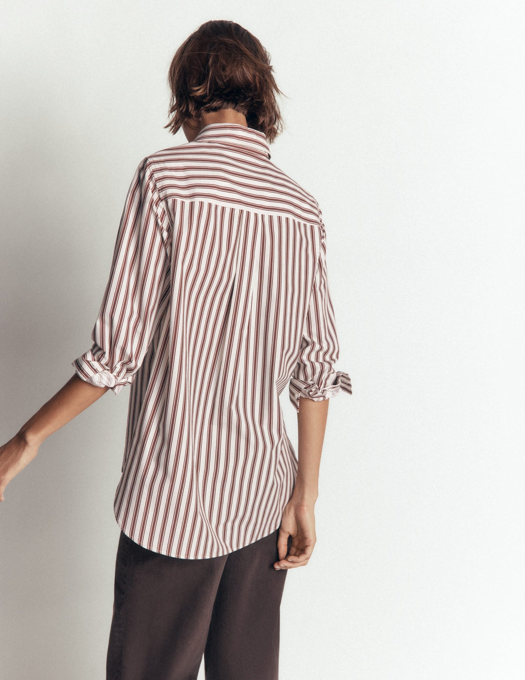 Chemise longue en coton - Ivoire, rayures tramway marron